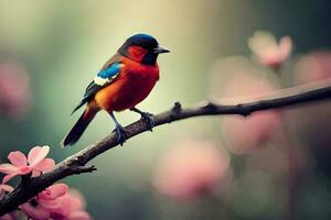 une coloré oiseau est assis sur une branche avec rose fleurs. généré par ai photo
