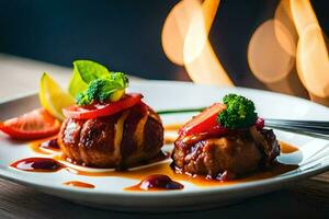 deux Boulettes de viande sur une assiette avec sauce et des légumes. généré par ai photo