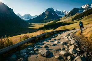 une homme en marchant le long de une chemin dans le montagnes. généré par ai photo