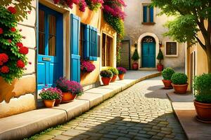 un illustration de une rue avec fleurs et bleu des portes. généré par ai photo