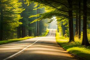 une longue route par le les bois avec des arbres garniture tous les deux côtés. généré par ai photo