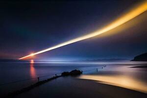 une longue exposition photographier de une longue ligne de lumière à venir de le ciel. généré par ai photo
