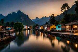 coloré Maisons le long de le rivière à le coucher du soleil. généré par ai photo