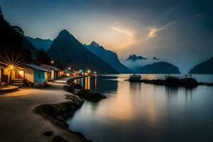 une petit village sur le rive de une Lac à nuit. généré par ai photo