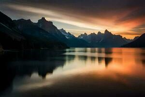 le Soleil ensembles plus de montagnes et l'eau. généré par ai photo