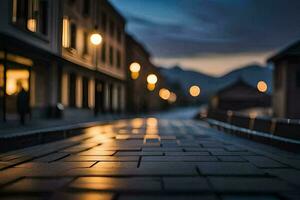 une rue à nuit avec lumières sur le bâtiments. généré par ai photo