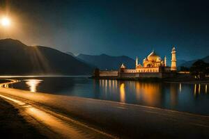 le lune monte plus de une mosquée dans le milieu de une lac. généré par ai photo