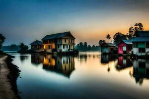 Maisons sur le l'eau à le coucher du soleil dans Thaïlande. généré par ai photo