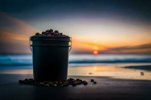 le seau de café sur le plage. généré par ai photo