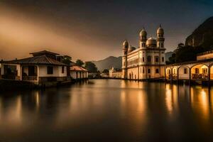 le mosquée dans le le coucher du soleil. généré par ai photo