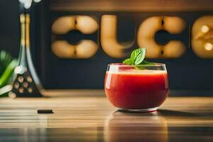 une rouge boisson séance sur une table dans de face de une signe. généré par ai photo