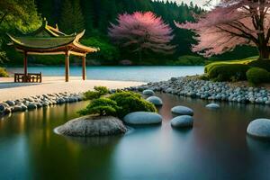 une Japonais jardin avec une pagode et Cerise arbre. généré par ai photo