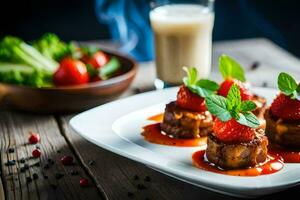 nourriture sur une assiette avec des fraises et Viande. généré par ai photo