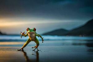 une grenouille sur le plage à le coucher du soleil. généré par ai photo