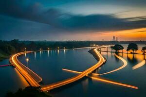 une longue exposition photo de une pont plus de une rivière. généré par ai