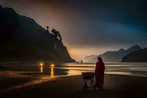 une femme dans une rouge robe des stands sur le plage à nuit. généré par ai photo