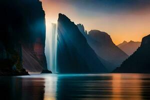 une cascade dans le montagnes à le coucher du soleil. généré par ai photo