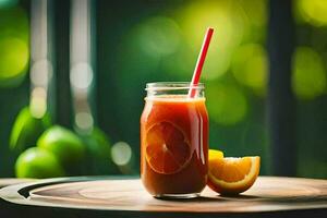 une verre pot avec un Orange tranche et une paille. généré par ai photo