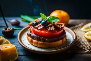 une assiette avec une tomate, Orange et myrtilles. généré par ai photo