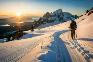 une homme randonnée sur une neigeux Montagne à le coucher du soleil. généré par ai photo