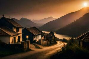 photo fond d'écran le ciel, montagnes, route, Maisons, le soleil, le coucher du soleil. généré par ai