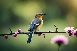 une oiseau est assis sur une branche avec rose fleurs. généré par ai photo