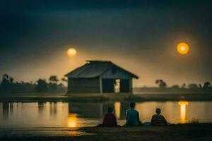 Trois gens séance sur le rive en train de regarder le Soleil ensemble. généré par ai photo