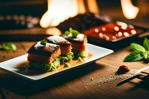 nourriture sur une assiette avec une Feu dans le Contexte. généré par ai photo