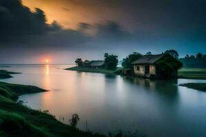 une magnifique le coucher du soleil plus de une Lac avec une maison et une bateau. généré par ai photo