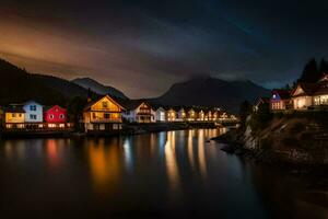 une ville à nuit avec Maisons sur le l'eau. généré par ai photo