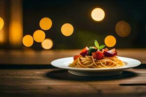 spaghetti avec tomate et basilic sur une plaque. généré par ai photo