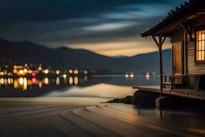 une maison est assis sur le rive de une Lac à nuit. généré par ai photo