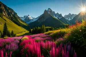 le Soleil brille sur le fleurs dans le montagnes. généré par ai photo