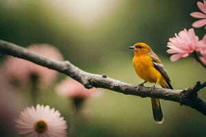 une oiseau est assis sur une branche avec rose fleurs. généré par ai photo