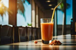 une verre de Orange jus avec cacahuètes sur le tableau. généré par ai photo