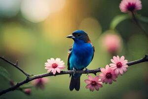 une bleu oiseau est assis sur une branche avec rose fleurs. généré par ai photo