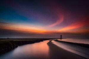 une longue exposition photographier de une phare à le coucher du soleil. généré par ai photo