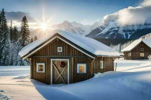 une cabine dans le neige avec montagnes dans le Contexte. généré par ai photo