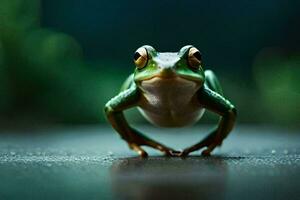 une grenouille est permanent sur le sol avec ses jambes diffuser. généré par ai photo