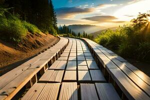 une en bois passerelle pistes à le montagnes à le coucher du soleil. généré par ai photo