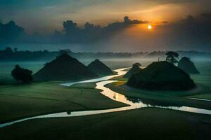 le Soleil monte plus de une rivière et certains collines. généré par ai photo