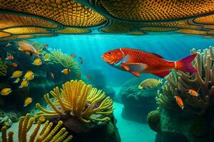 une poisson nage dans le océan avec corail récifs. généré par ai photo