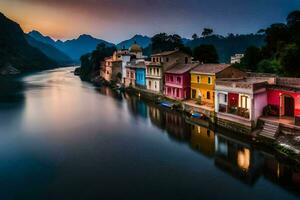 coloré Maisons le long de le rivière à le coucher du soleil. généré par ai photo