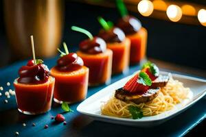 une assiette de spaghetti avec Viande et Cerise sur Haut. généré par ai photo