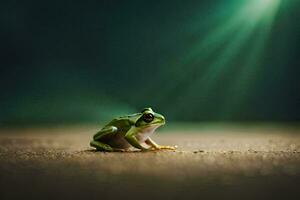 une grenouille séance sur le sol dans de face de une vert lumière. généré par ai photo