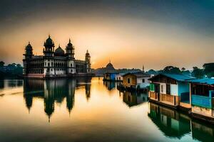 le Soleil ensembles plus de une Lac avec une mosquée dans le Contexte. généré par ai photo