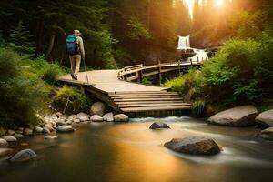 une homme avec une sac à dos en marchant à travers une en bois pont plus de une flux. généré par ai photo