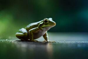 une grenouille séance sur le sol avec une vert Contexte. généré par ai photo