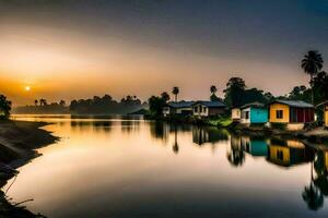 photo fond d'écran le ciel, eau, le soleil, le rivière, le loger, le village,. généré par ai