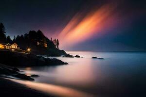 une maison sur le plage à nuit avec une brillant lumière brillant par le des nuages. généré par ai photo